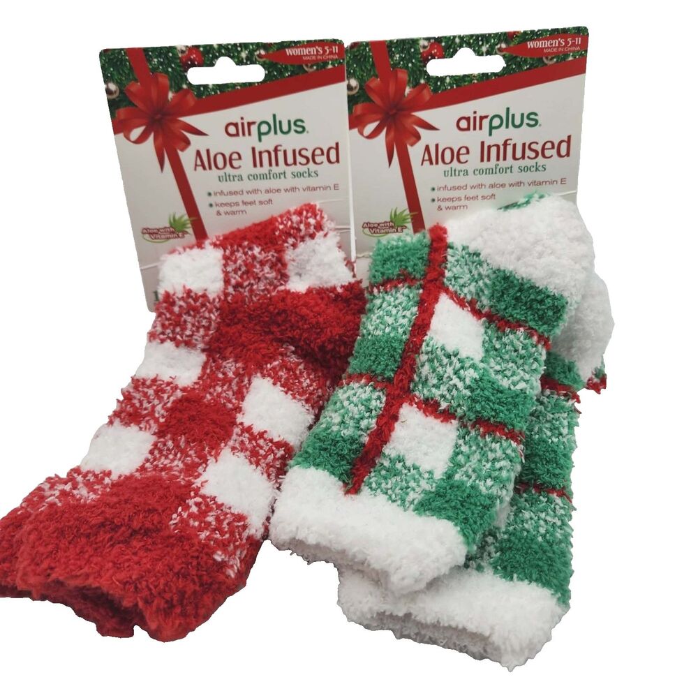 AirPlus Aloe Infused Comfort Socks Red Green Plaid Christmas 2 Pairs NEW